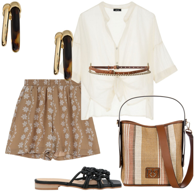 Outfit donna - Estate. per Mare. Abbinamento con sandali in pelle, borse a secchiello, shorts, camicie, cinture, orecchini.