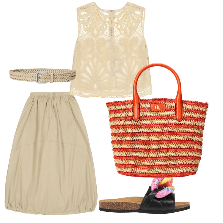 Outfit donna - Estate. per Mare. Abbinamento con sandali in pelle, gonne, top, borse tote, cinture.