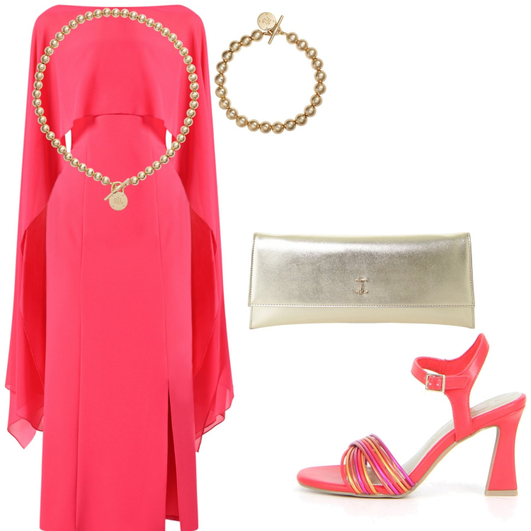 Outfit donna - Dress lungo. Stile Chic per Cerimonia. Abbinamento con vestiti, pochette, collane, braccialetti, sandali col tacco.