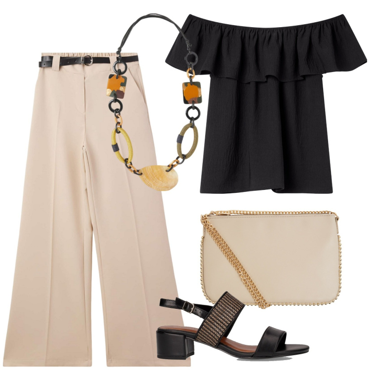 Outfit donna - Scopri le spalle. Stile Casual chic per Tutti i giorni. Abbinamento con pantaloni, bluse, borse a tracolla, collane, sandali col tacco.
