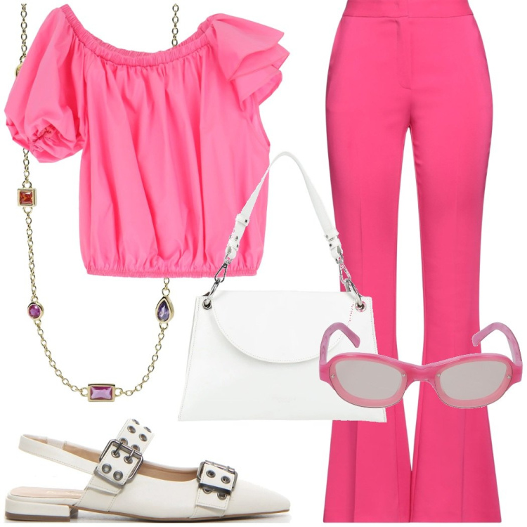 Outfit donna - Rosa estivo. Stile Chic per Tutti i giorni. Abbinamento con pantaloni, borse a mano, collane, top, occhiali da sole, décolleté.