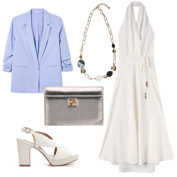Outfit donna - Quasi totale white. Stile Chic per Cerimonia. Abbinamento con vestiti lunghi, blazer, borse a tracolla, collane, sandali col tacco.