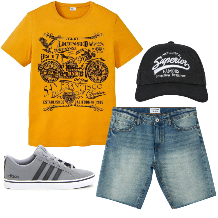 Outfit uomo - L\' energia dell\' arancione. Stile Casual per Tutti i giorni. Abbinamento con t-shirt, bermuda, cappelli con visiera, sneakers.