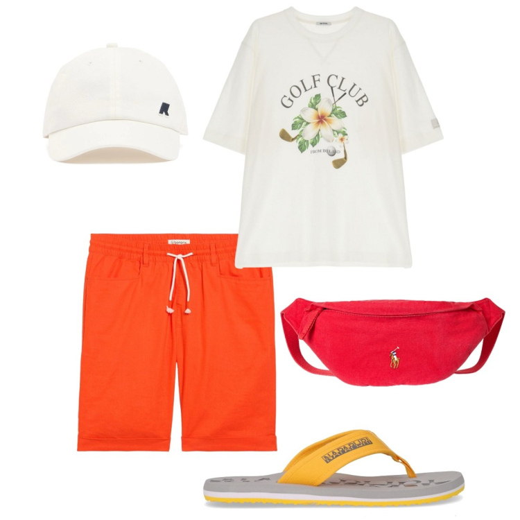 Outfit uomo - Colori vitaminici. Stile Casual per Mare. Abbinamento con bermuda, t-shirt, borse sportive, cappelli, sandali.