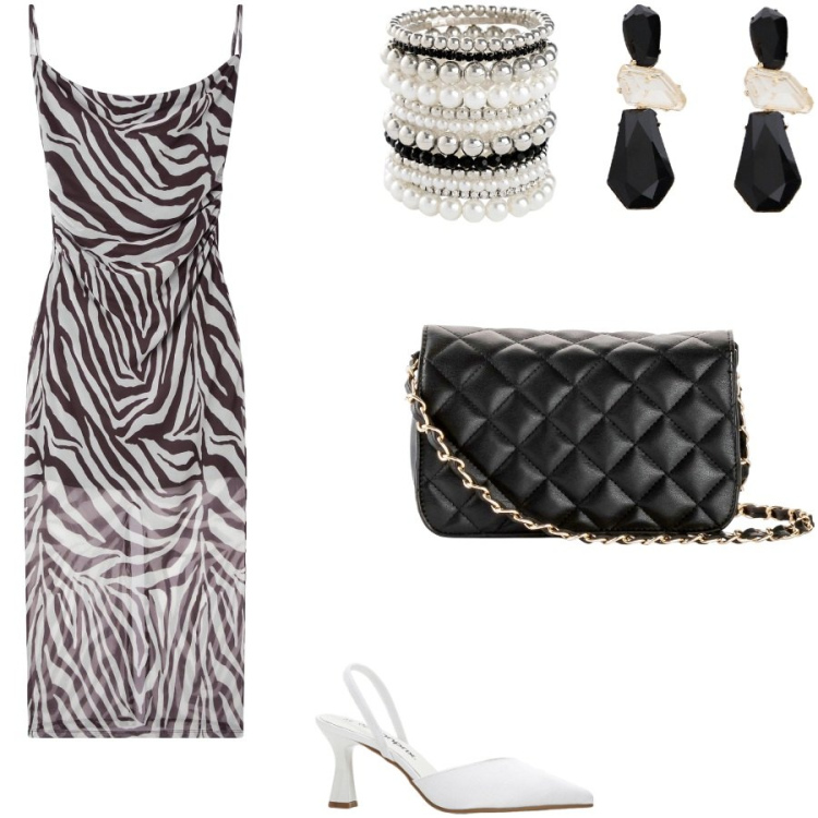 Outfit donna - Zebrato. Stile Glamour per Serata fuori. Abbinamento con braccialetti, borse a tracolla, décolleté, vestiti lunghi, orecchini.