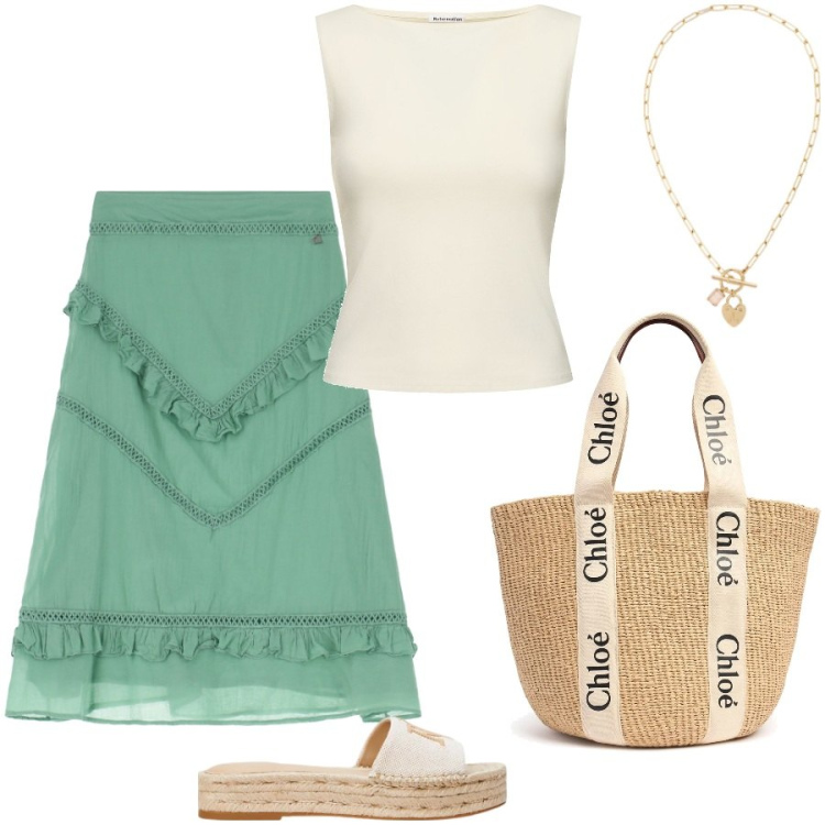 Outfit donna - Fresh and chic. Stile Casual chic per Tutti i giorni. Abbinamento con gonne longuette, collane, espadrillas, shopping bag, top.