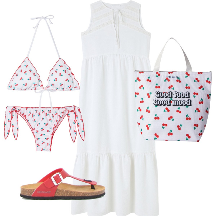 Outfit donna - Il bikini con le ciliegie. Stile Bon Ton per Mare. Abbinamento con vestiti midi/longuette, bikini, borse tote, bikini, infradito.