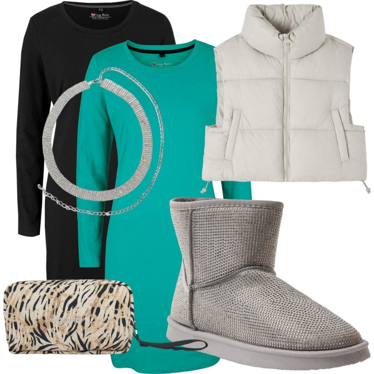 Outfit donna - Casual chic. Stile Casual chic per Tutti i giorni. Abbinamento con vestiti, cinture, piumini, stivali, valigie.
