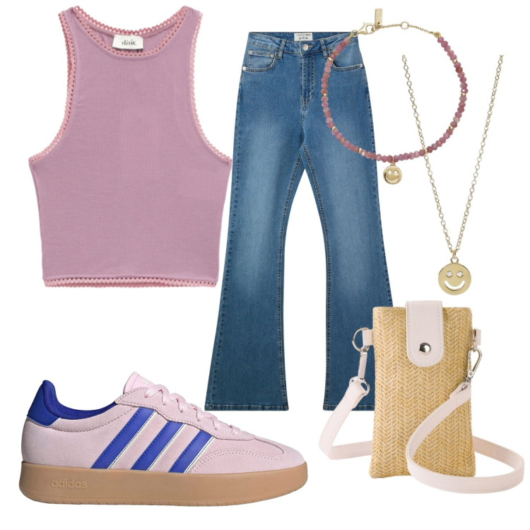 Outfit donna - Jeans e rosa. Stile Casual per Tutti i giorni. Abbinamento con borse a tracolla, jeans a zampa, collane, braccialetti, top, sneakers.