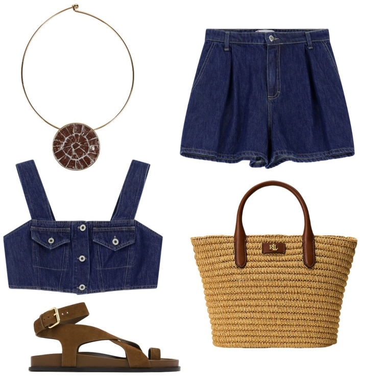 Outfit donna - Top pantaloncini jeans. Stile Casual per Mare. Abbinamento con collane, top, shorts, borse tote, sandali in pelle.