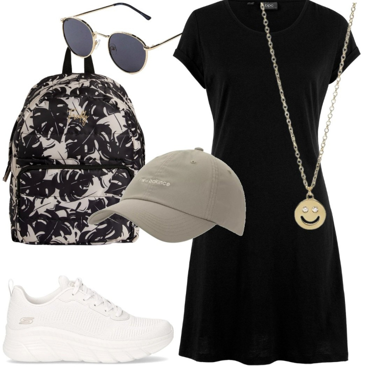 Outfit donna - Casual in città. Stile Preppy per Tutti i giorni. Abbinamento con vestiti, occhiali da sole, collane, cappelli, zaini, sneakers.