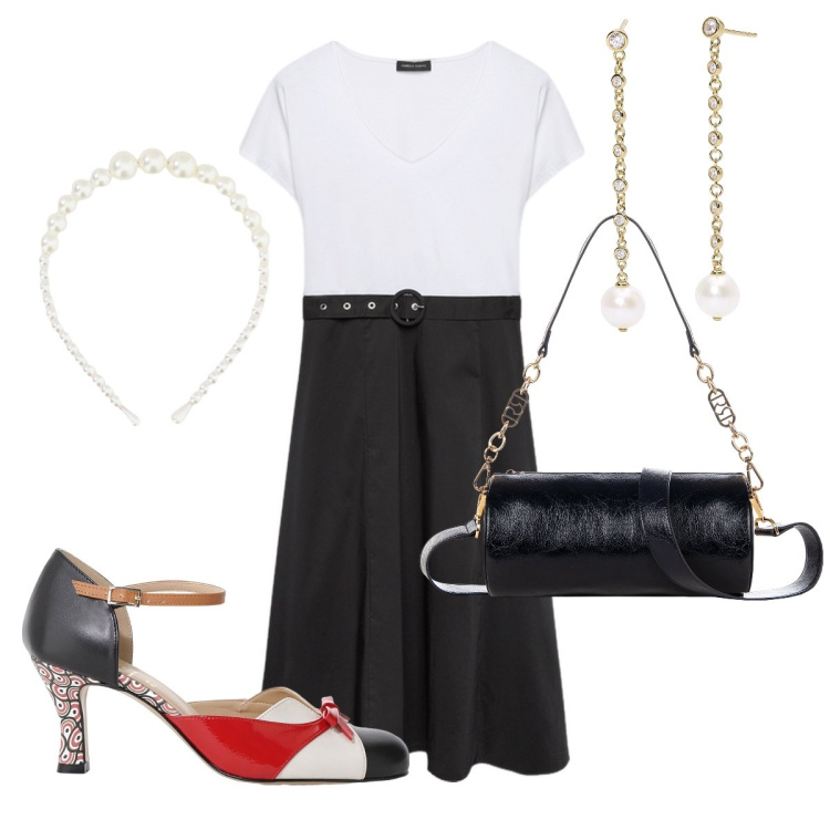 Outfit donna - Il tuo stile vintage. Stile Vintage retrò per Tutti i giorni. Abbinamento con orecchini, borse a mano, décolleté, cerchietti, vestiti midi/longuette.