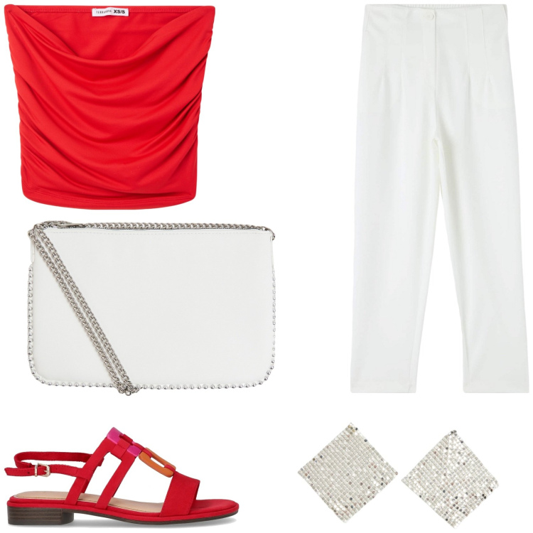Outfit donna - Look rosso fuoco. Stile Chic per Tutti i giorni. Abbinamento con pantaloni chino, orecchini, borse a tracolla, top, sandali.