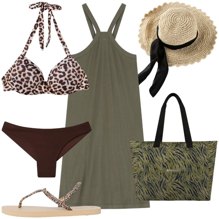 Outfit donna - In spiaggia. Stile Sexy per Mare. Abbinamento con cappelli, ciabatte, bikini, bikini, shopping bag, vestiti corti.