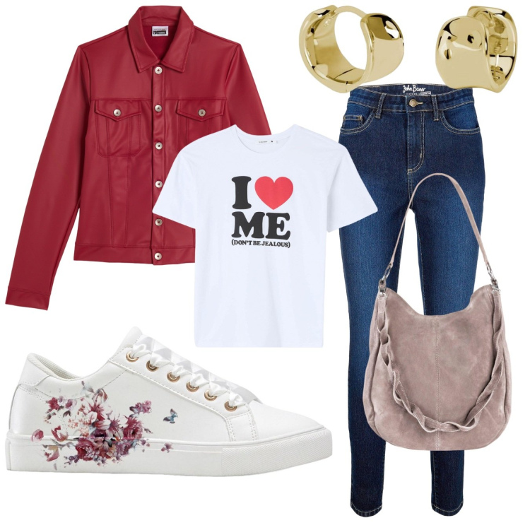Outfit donna - Jeans e giacca rossa. Stile Casual per Tutti i giorni. Abbinamento con borse a mano, sneakers, jeans skinny, t-shirt, orecchini, giacche.