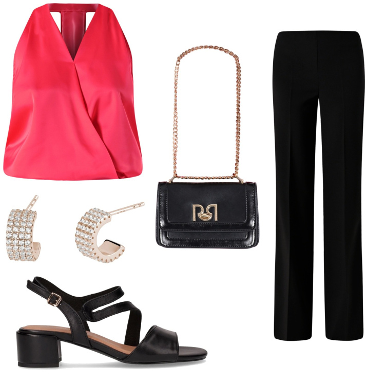 Outfit donna - Raffinata in Rosso e nero. Stile Chic per Tutti i giorni. Abbinamento con orecchini, pantaloni a palazzo, borse a tracolla, top, sandali col tacco.