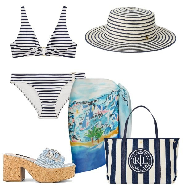 Outfit donna - Primo look bikini. Stile Trendy per Mare. Abbinamento con vestiti da spiaggia, cappelli, borse tote, bikini, bikini, sandali.