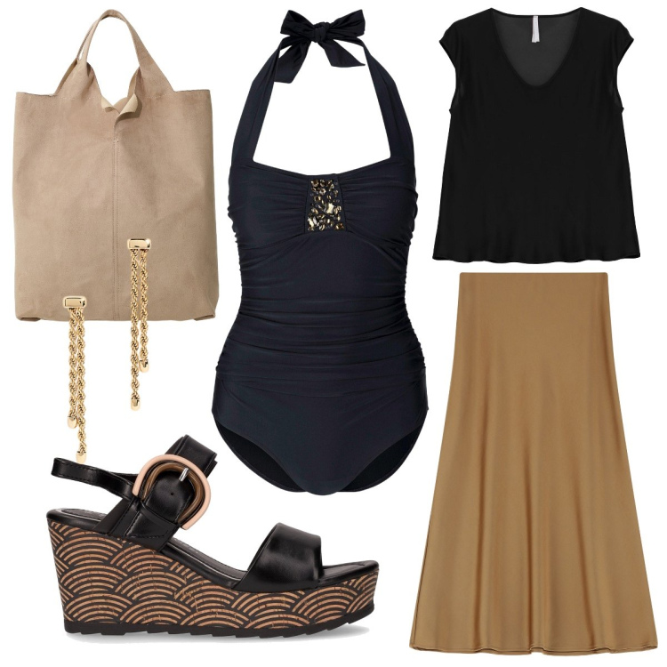Outfit donna - Il costume intero con le pietre. Stile Bon Ton per Mare. Abbinamento con costumi interi, gonne longuette, top, shopping bag, orecchini, sandali col tacco.