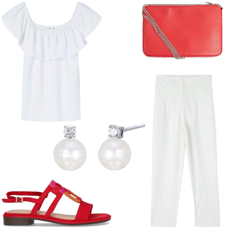 Outfit donna - Total White. Stile Casual chic per Tutti i giorni. Abbinamento con pantaloni chino, borse a tracolla, bluse, orecchini, sandali.