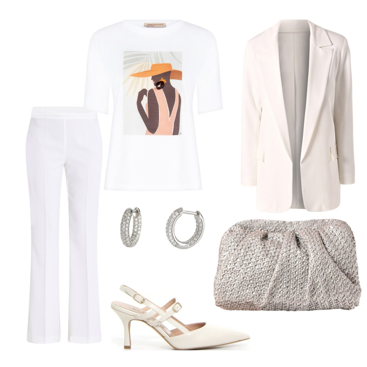 Outfit donna - Bianco con grinte. Stile Casual chic per Ufficio. Abbinamento con orecchini, pantaloni, clutch, blazer, t-shirt, décolleté.