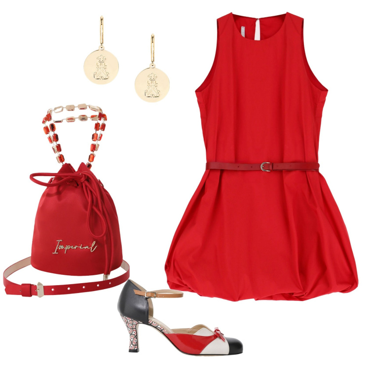 Outfit donna - Rosso corallo. Stile Chic per Ufficio. Abbinamento con vestiti corti, borse a secchiello, décolleté, orecchini.