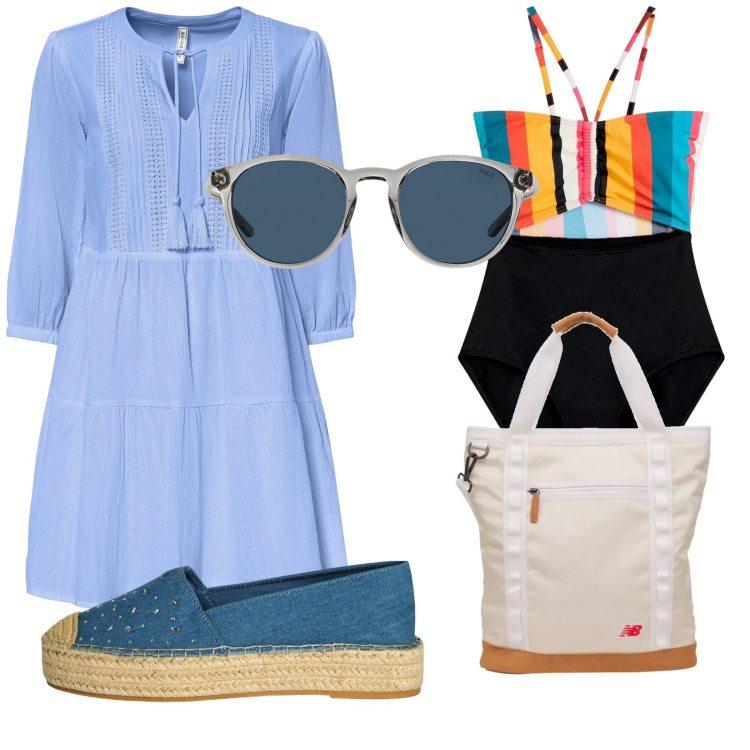 Outfit donna - Evviva il mare. per Mare. Abbinamento con vestiti da spiaggia, costumi interi, espadrillas, shopping bag, occhiali da sole.
