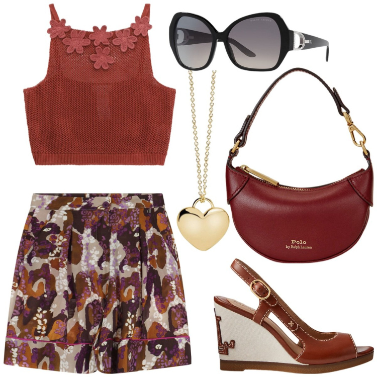 Outfit donna - Capri al tramonto. Stile Glamour per Serata fuori. Abbinamento con collane, top, bermuda, occhiali da sole, sandali in pelle, portafogli.