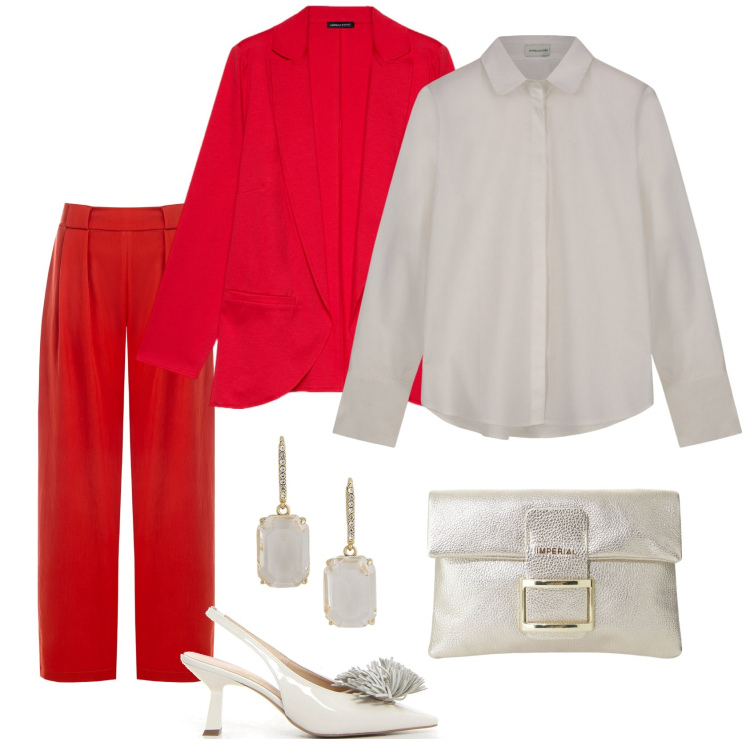 Outfit donna - Rosso e grigio, aspettando l\'estate. Stile Chic per Ufficio. Abbinamento con pantaloni, pochette, orecchini, blazer, décolleté, camicie.