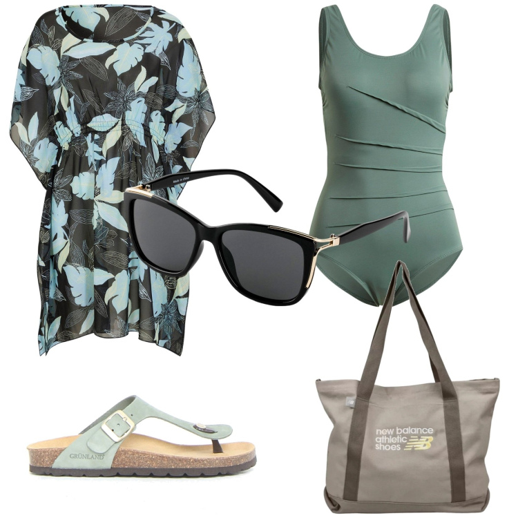 Outfit donna - Vacanze. per Mare. Abbinamento con vestiti da spiaggia, costumi interi, occhiali da sole, shopping bag, infradito.