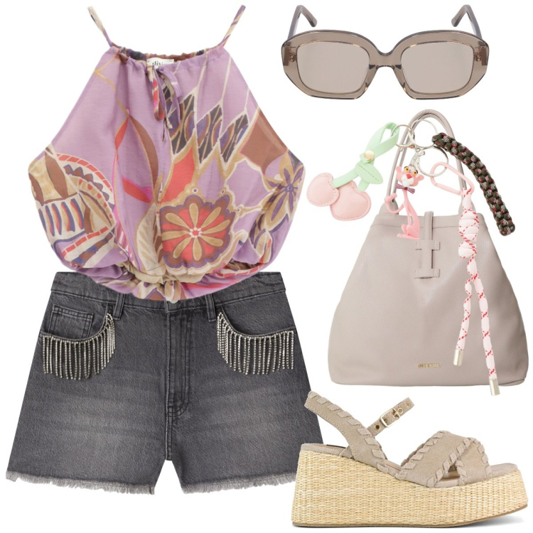 Outfit donna - Outfit pazzesco. Stile Glamour per Tutti i giorni. Abbinamento con shorts, borse tote, top, portachiavi, zeppe, occhiali da sole.
