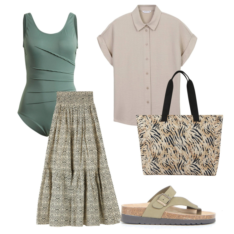 Outfit donna - È arrivata l\'estate. Stile Casual per Tutti i giorni. Abbinamento con costumi interi, camicie, gonne lunghe, shopping bag, ciabatte.