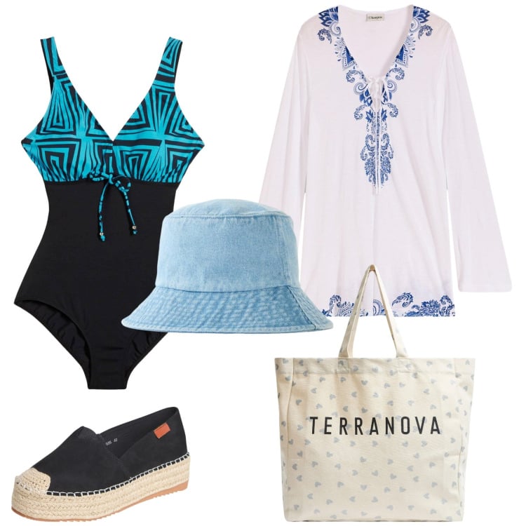 Outfit donna - Vacanze. per Mare. Abbinamento con cappelli, costumi interi, vestiti da spiaggia, shopping bag, espadrillas.