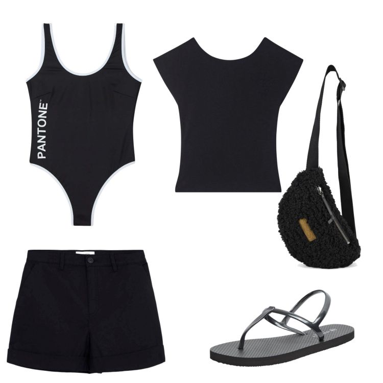 Outfit donna - Già in vacanza. Stile Casual per Mare. Abbinamento con sandali, costumi interi, t-shirt, pantaloni corti, marsupi.