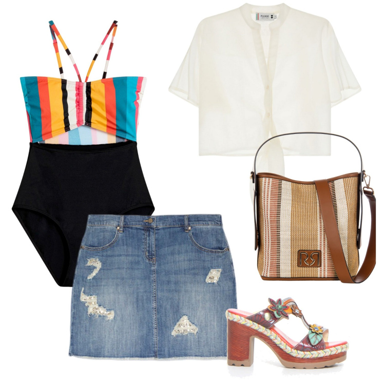 Outfit donna - Al mare, a colori. Stile Casual per Mare. Abbinamento con costumi interi, camicie a manica corta, borse a secchiello, ciabatte, minigonne.