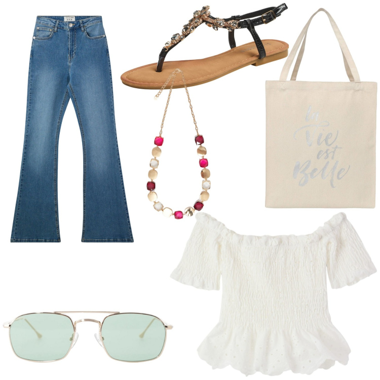 Outfit donna - Look boho anni 70. Stile Boho per Tutti i giorni. Abbinamento con borse tote, bluse, sandali gioiello, jeans a zampa, occhiali da sole, collane.