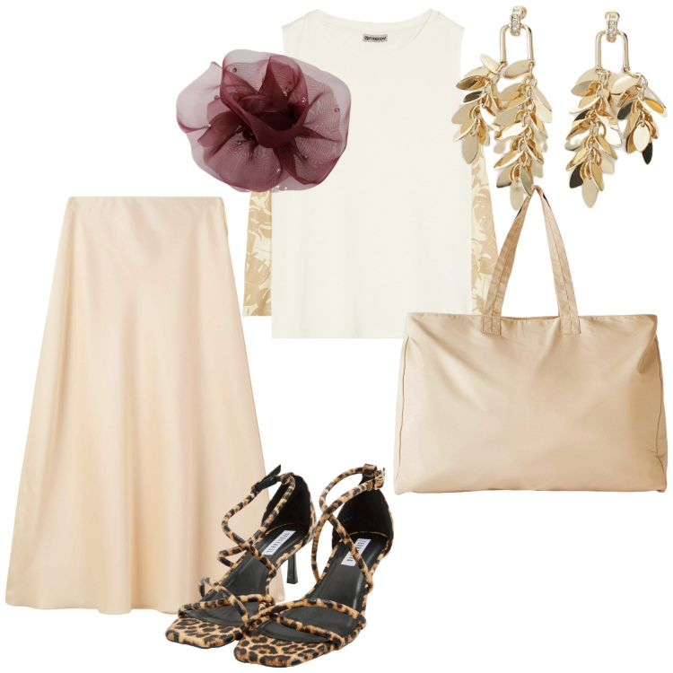 Outfit donna - Uscita di stagione. per Serata fuori. Abbinamento con shopping bag, gonne lunghe, sandali col tacco, foulard, orecchini, canottiere.