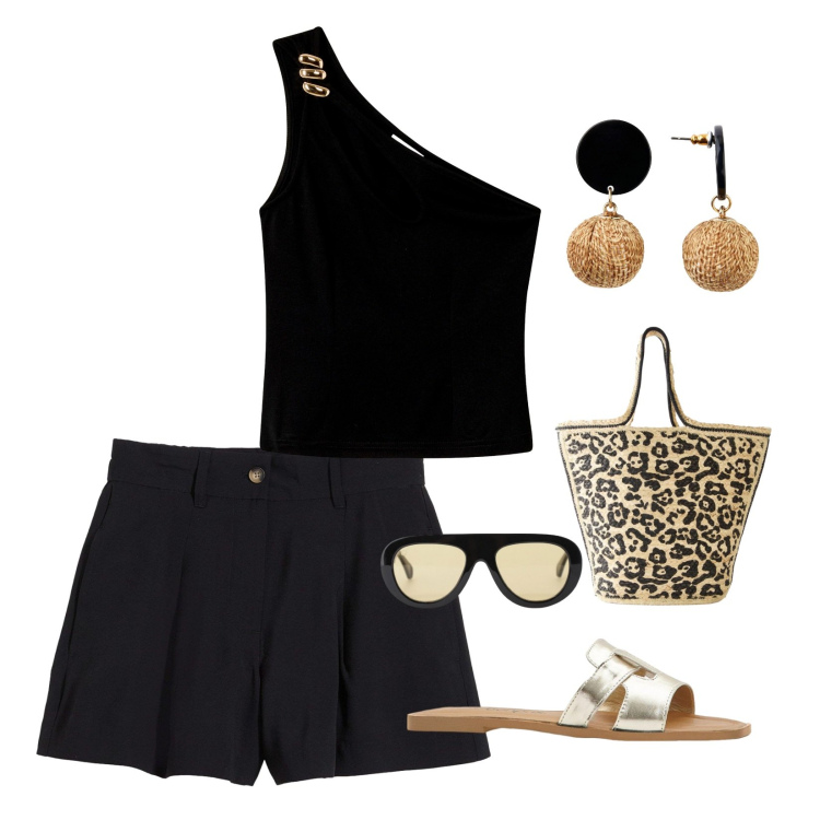 Outfit donna - Nero e animalier!. Stile Casual chic per Mare. Abbinamento con top, shorts, orecchini, ciabatte, shopping bag, occhiali da sole.