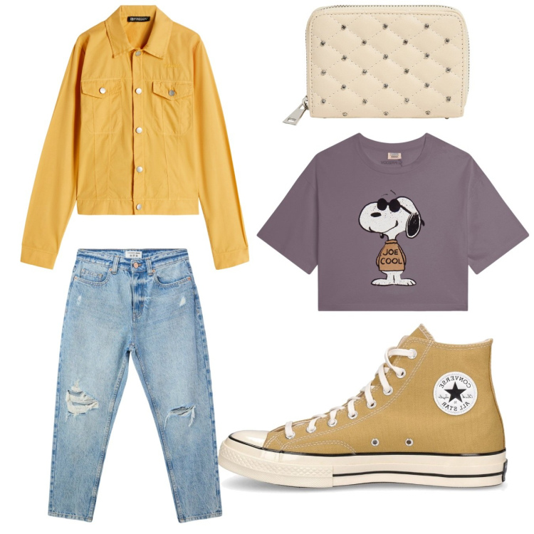 Outfit donna - Pomeriggio in giallo. Stile Casual per Tutti i giorni. Abbinamento con jeans mom, portafogli, t-shirt, blazer, sneakers.