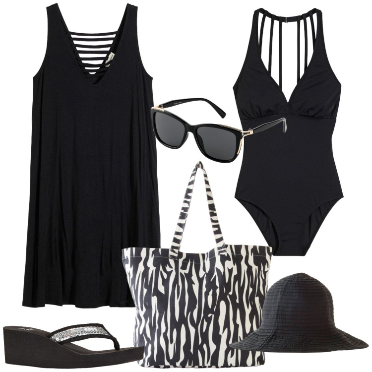 Outfit donna - Total look #2187351. Stile Chic per Mare. Abbinamento con costumi interi, infradito, vestiti da spiaggia, occhiali da sole, cappelli, shopping bag.