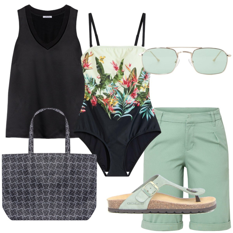 Outfit donna - Il costume intero a fascia. Stile Casual chic per Mare. Abbinamento con bermuda, costumi interi, occhiali da sole, shopping bag, top, infradito.