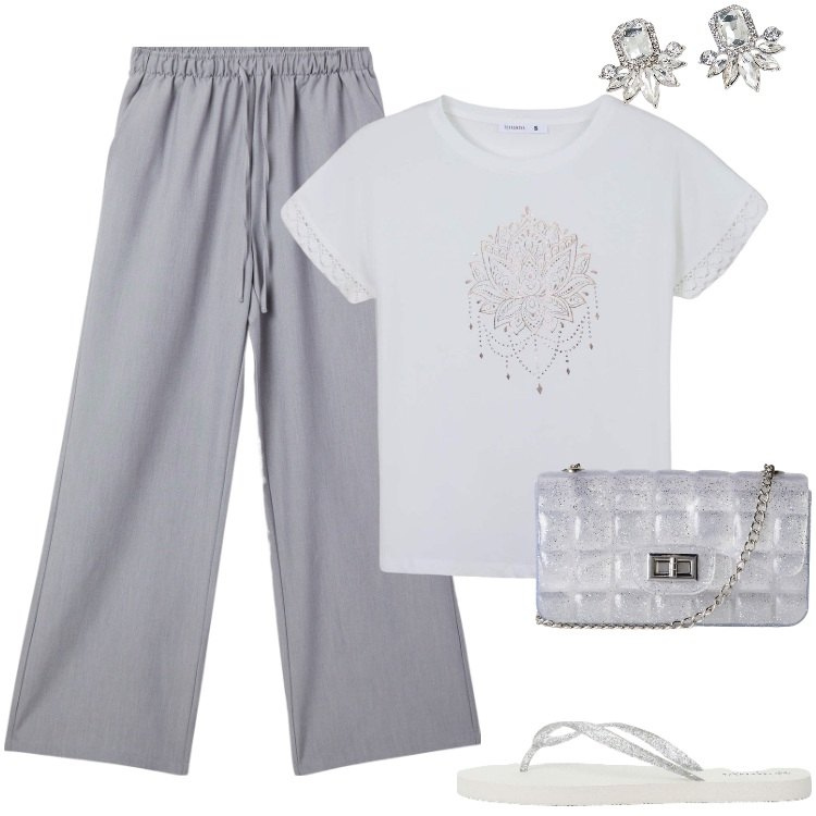 Outfit donna - Total look #2187359. Stile Boho per Tutti i giorni. Abbinamento con pantaloni, t-shirt, borse a tracolla, infradito, orecchini.