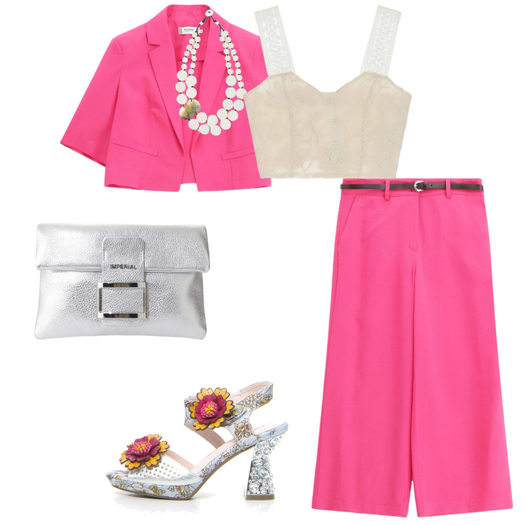 Outfit donna - Total look #2187362. Abbinamento con pantaloni, blazer, pochette, top, ciondoli, sandali col tacco.