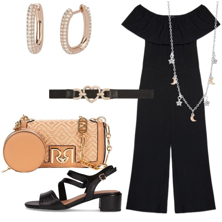 Outfit donna - Scopri le spalle!. Stile Casual chic per Serata fuori. Abbinamento con cinture, orecchini, collane, borse a tracolla, tute, sandali col tacco.