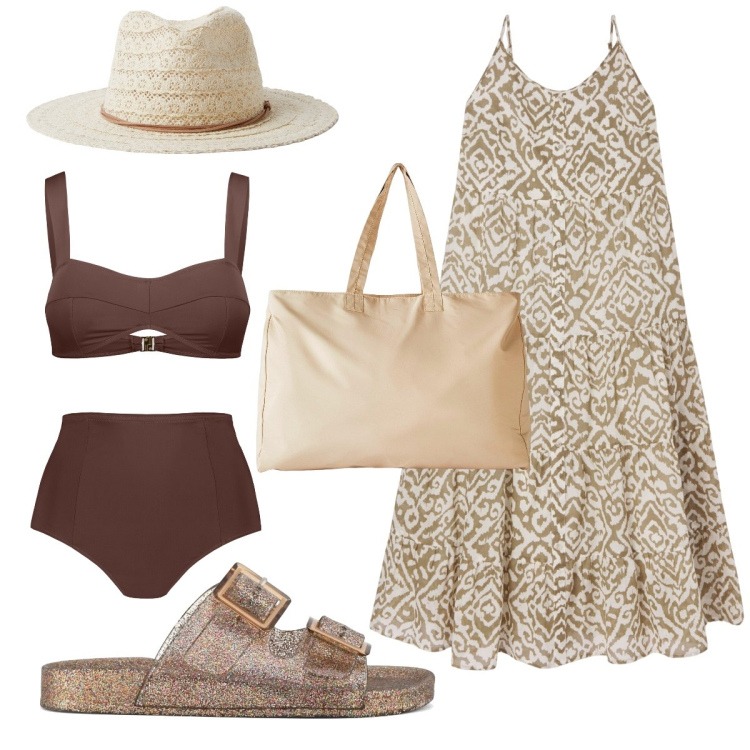 Outfit donna - Primo giorno di mare. Stile Boho per Mare. Abbinamento con shopping bag, vestiti lunghi, cappelli, bikini, sandali.