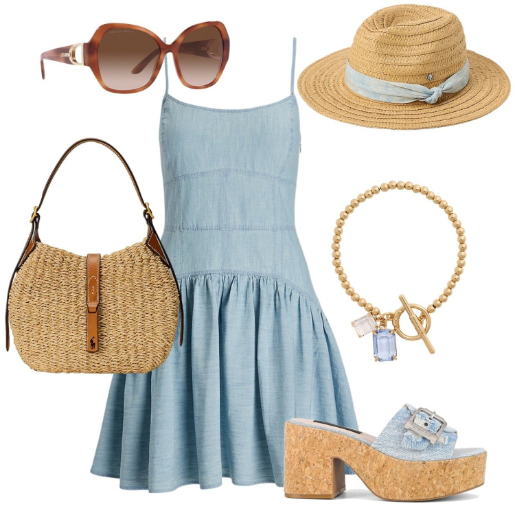Outfit donna - Sughero, rafia e denim. Stile Boho per Tutti i giorni. Abbinamento con occhiali da sole, braccialetti, vestiti, borse a spalla, cappelli, sandali.