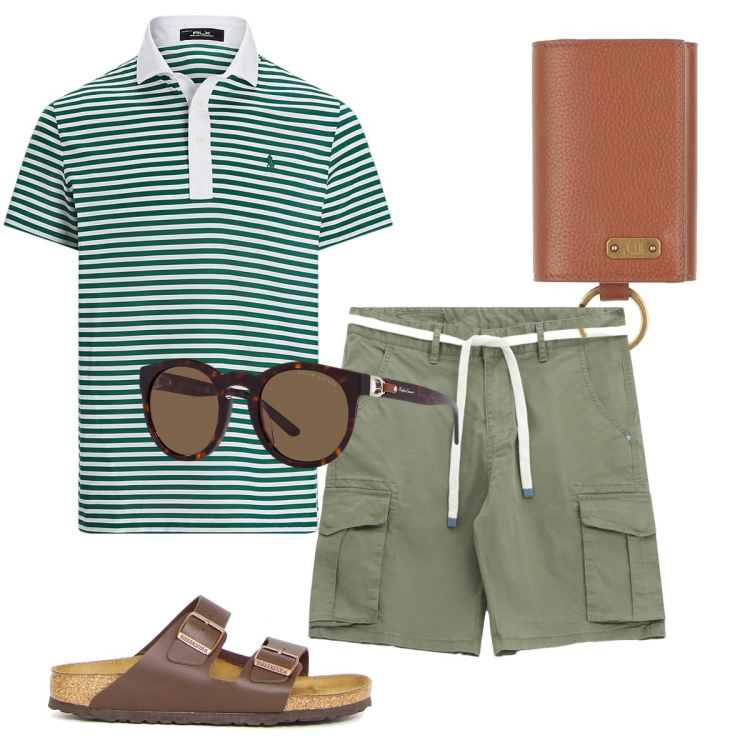 Outfit uomo - Weekend in stile resort. Stile Urban per Tutti i giorni. Abbinamento con portachiavi, bermuda, occhiali da sole, polo, sandali.