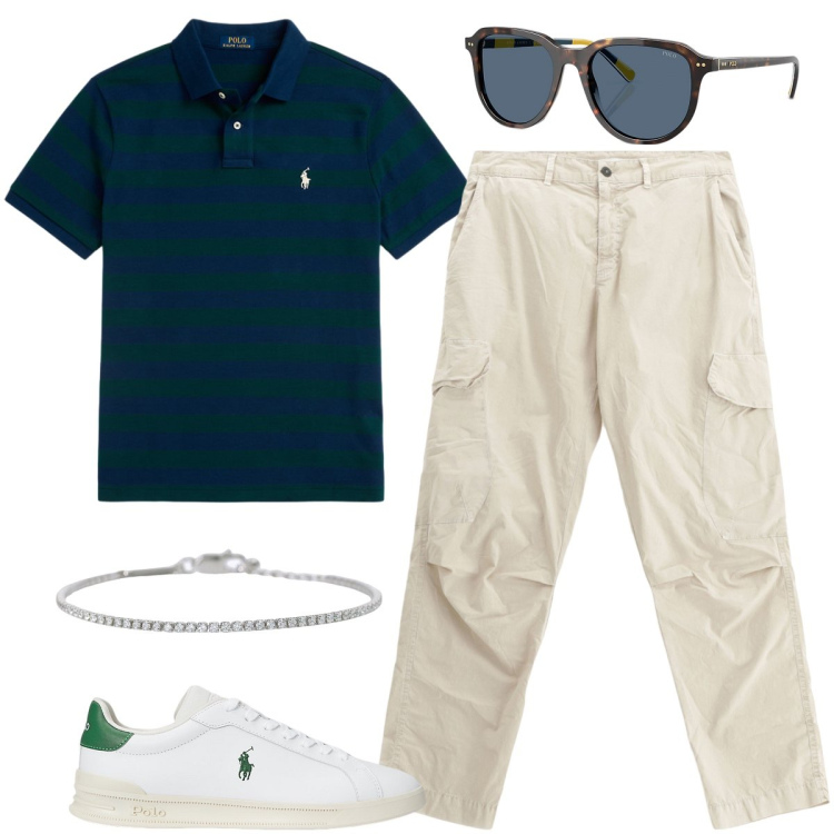 Outfit uomo - La polo a righe. Stile Urban per Ufficio. Abbinamento con braccialetti, pantaloni cargo, occhiali da sole, polo, sneakers.