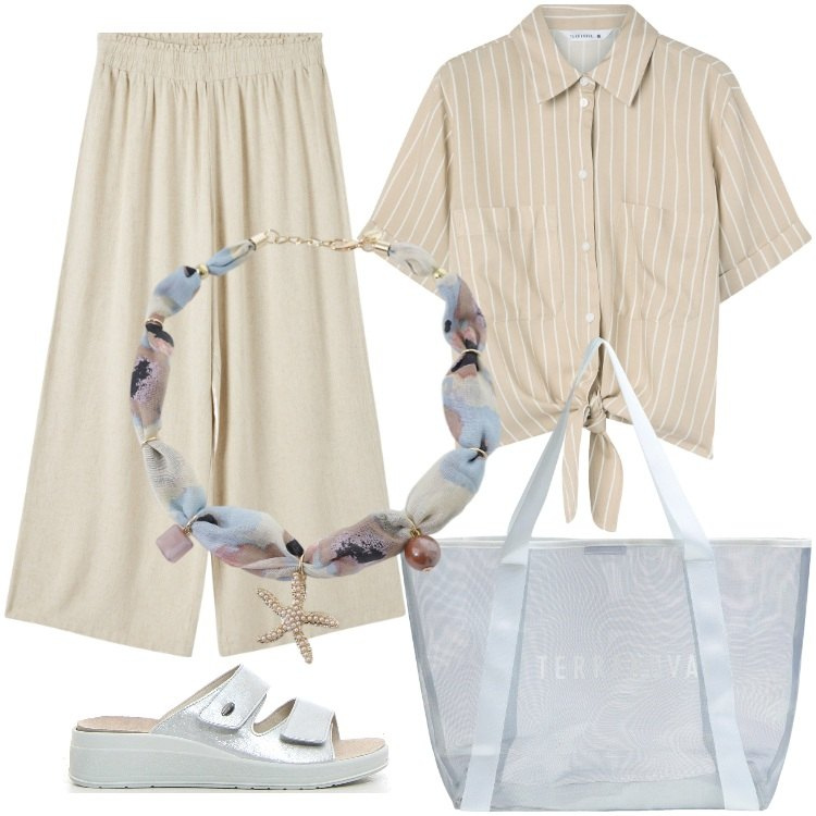 Outfit donna - Total look #2187386. Stile Trendy per Mare. Abbinamento con pantaloni, camicie a manica corta, shopping bag, collane, ciabatte.