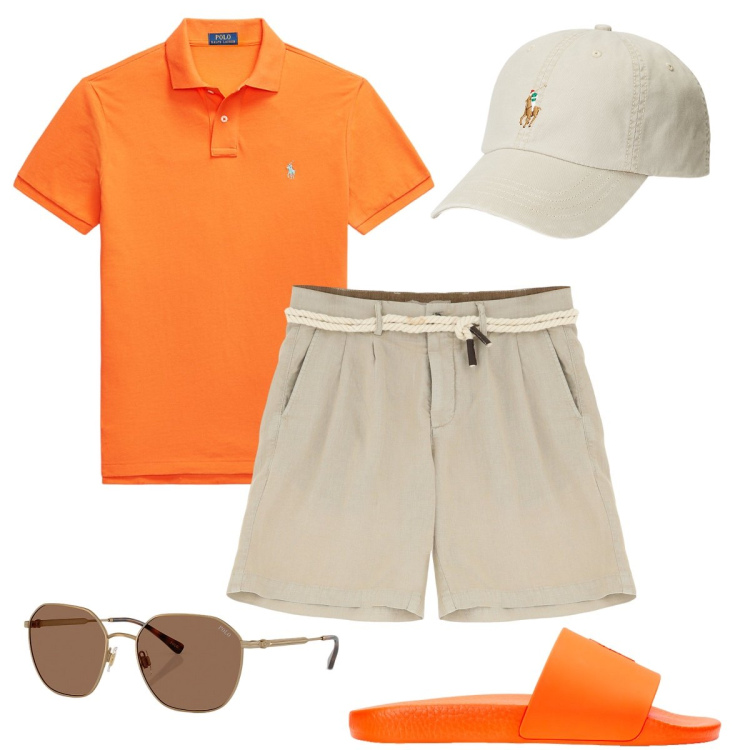 Outfit uomo - Colori vitaminici. Stile Urban per Mare. Abbinamento con bermuda, cappelli, occhiali da sole, maglieria, sandali.