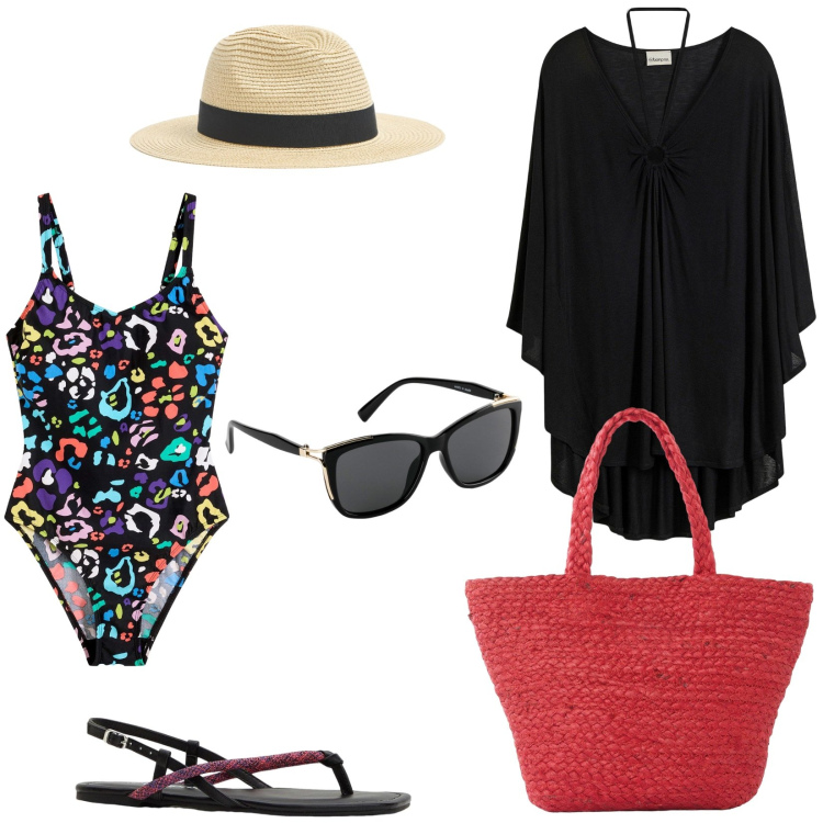 Outfit donna - Primo giorno al mare. Stile Chic per Mare. Abbinamento con vestiti da spiaggia, costumi interi, occhiali da sole, ciabatte, shopping bag, cappelli.